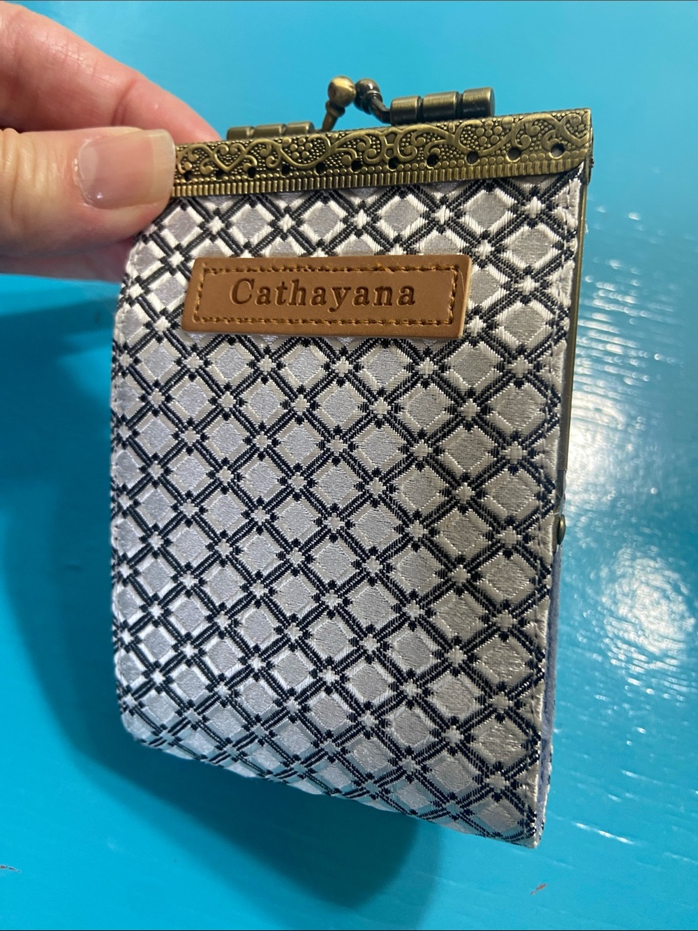 Cathyana Accordian Credit Card Holder Wallet Silver and Black Kiss Clasp